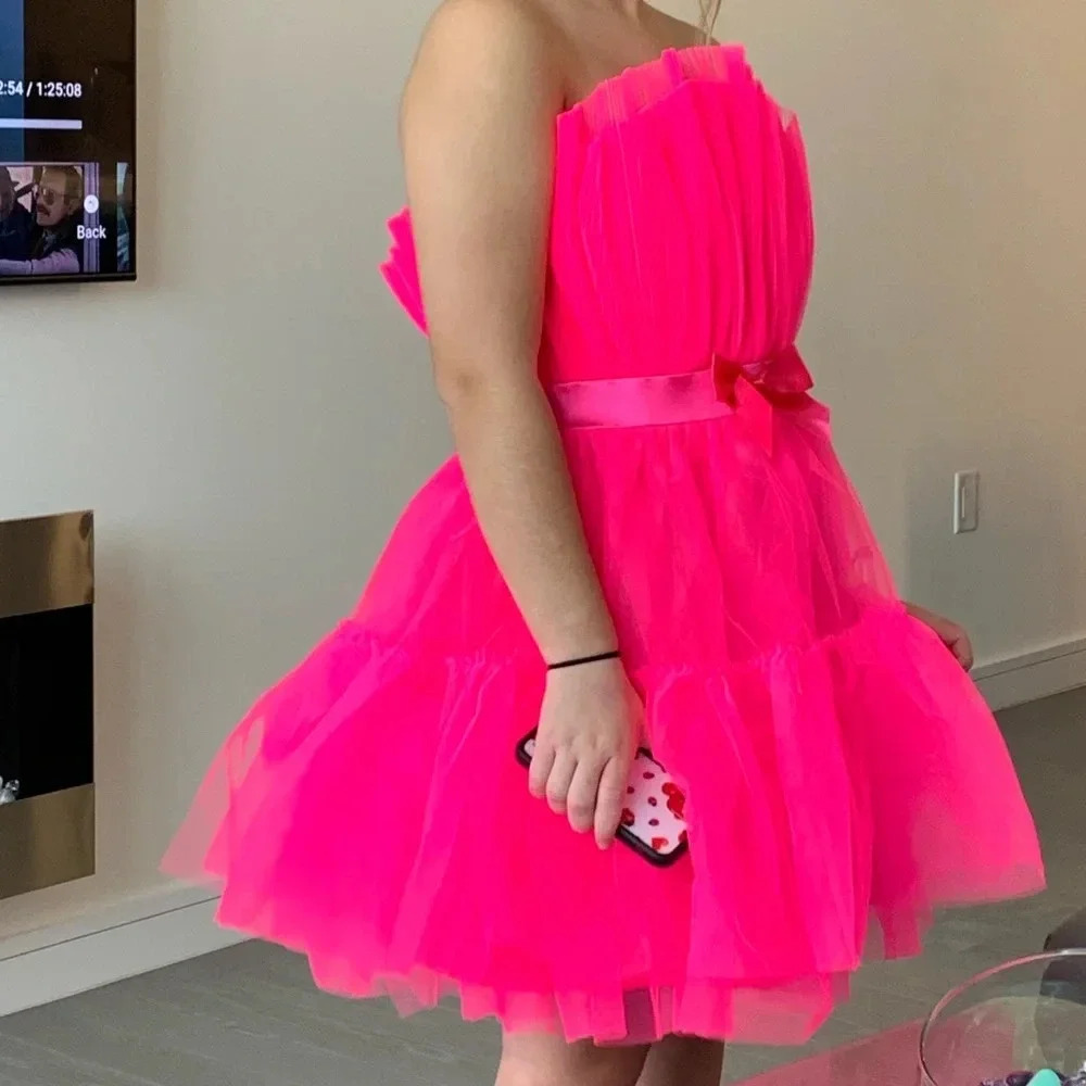 Strapless Neon Pink Tulle Prom Dress with Ribbon Waist